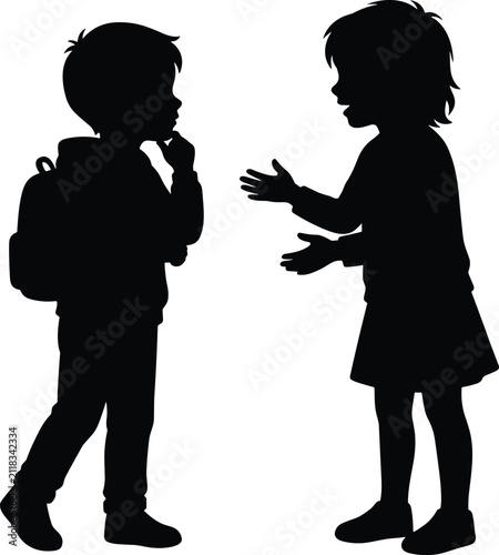 Black silhouette of a young boy and girl standing and talking to each other isolated