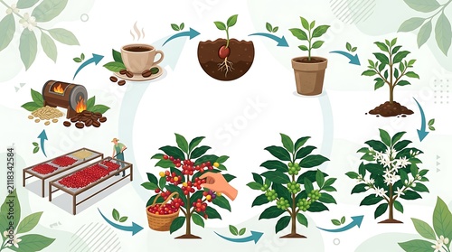 Coffee Bean Cultivation and Processing Cycle, From Seed to Cup, Illustrating Sustainable Agriculture and Beverage Production