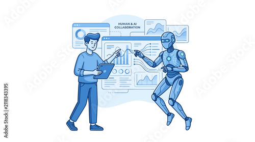 Person and robot collaborate on complex data visualization charts in a professional digital workspace that highlights the seamless integration of human intuition and machine processing power today.