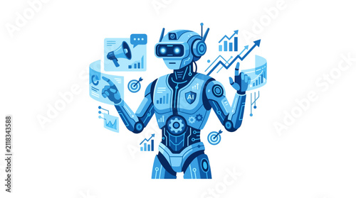 Robot technician interacts with floating blue holographic data charts and business metrics to optimize complex digital systems in a modern professional workspace environment with clean white copy.