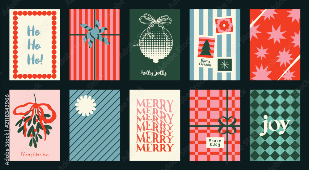 Obraz premium Christmas and Happy holiday greeting card vector set. Elegant wallpaper with geometric Christmas elements and pattern . Holidays design illustration for cover, print, poster, Happy New Year, ads.