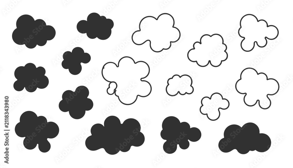 Obraz premium Collection of stylized vector cloud silhouettes and outlines in black and white styles isolated on a plain white background.