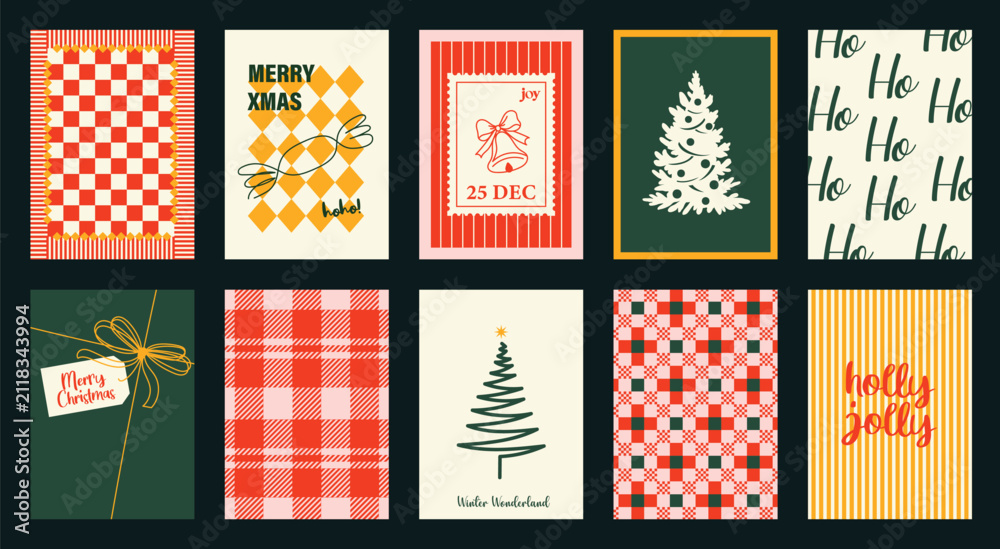 Obraz premium Christmas and Happy holiday greeting card vector set. Elegant wallpaper with geometric Christmas elements and pattern . Holidays design illustration for cover, print, poster, Happy New Year, ads.