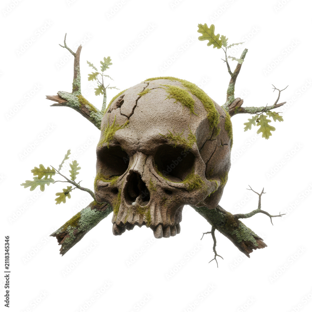 Fototapeta premium Human Skull Overgrown with Moss and Forest Tree Branches