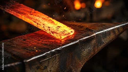 Glowing red-hot metal bar being forged on an anvil with sparks in a dim workshop