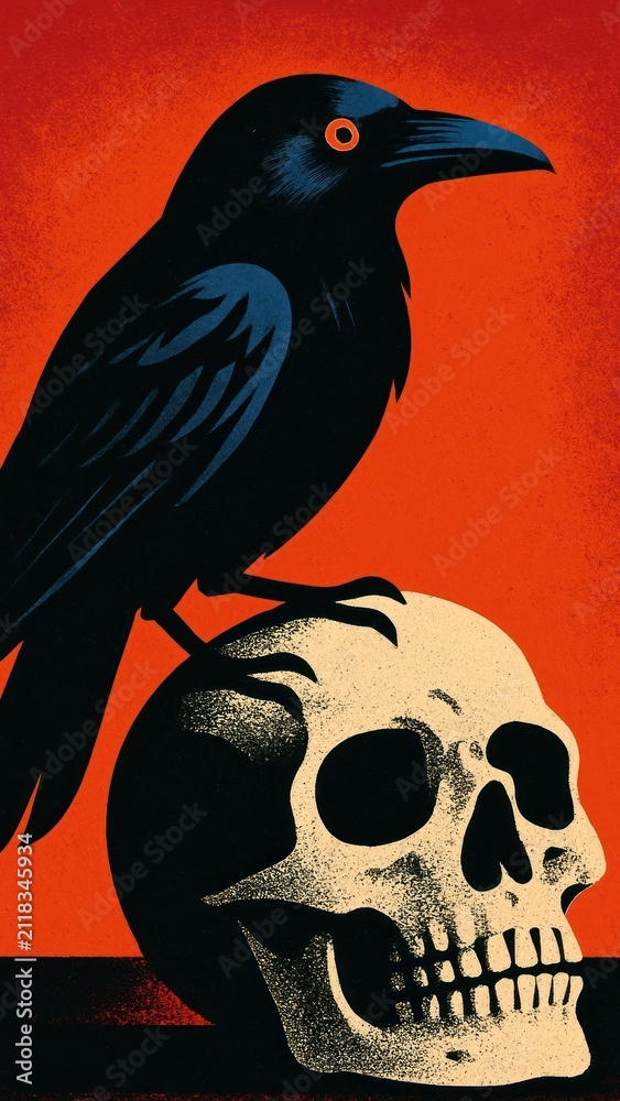 Naklejka premium Raven perched skull art.