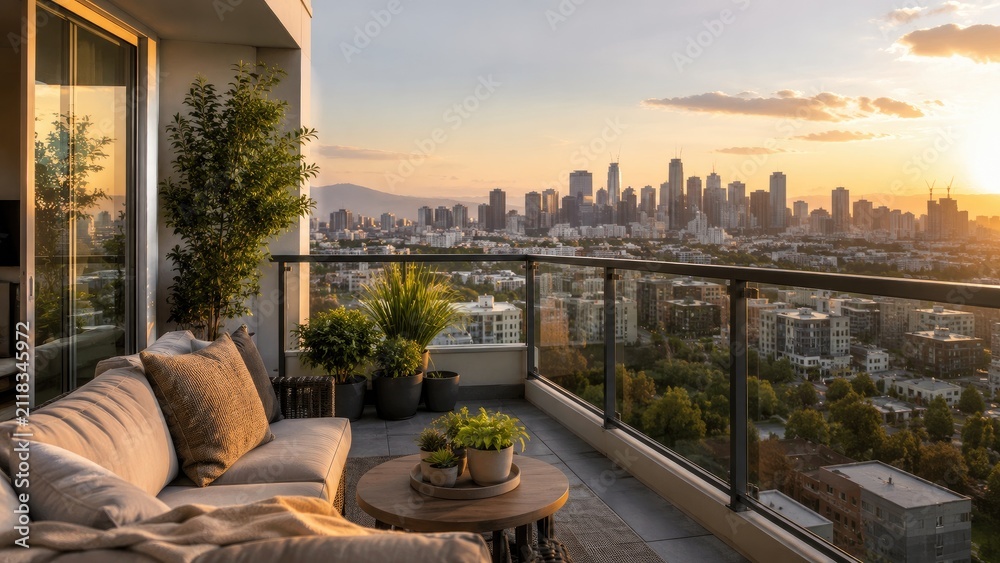 Obraz premium Sunset urban skyline seen from a modern balcony with sofa, coffee table and potted plants