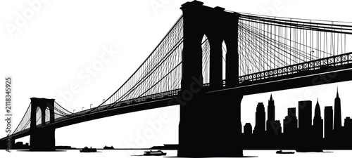 Black silhouette of the brooklyn bridge with city skyline isolated on a white background