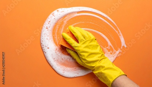 Cleaning glove sponge soap surface vivid contrast household symbolism