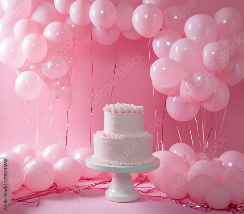 Sweet pink birthday cake centerpiece surrounded by festive balloons, creating a joyful and vibrant celebration background