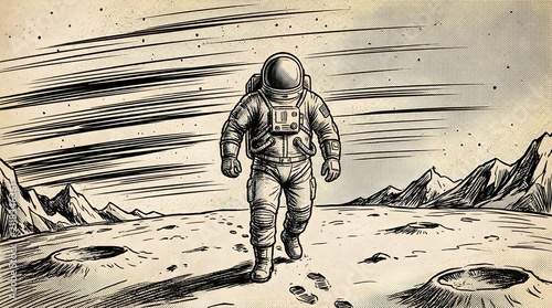 Retro Comic Style Astronaut Walking on Lunar Surface