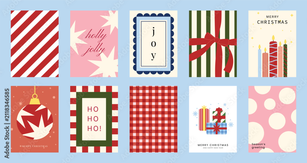 Obraz premium Christmas and Happy holiday greeting card vector set. Elegant wallpaper with geometric Christmas elements and pattern . Holidays design illustration for cover, print, poster, Happy New Year, ads.
