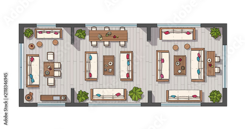 Architectural floor plan layout showing multiple seating areas with sofas dining tables and decor for residential living space arrangement featuring functional furniture placement for open