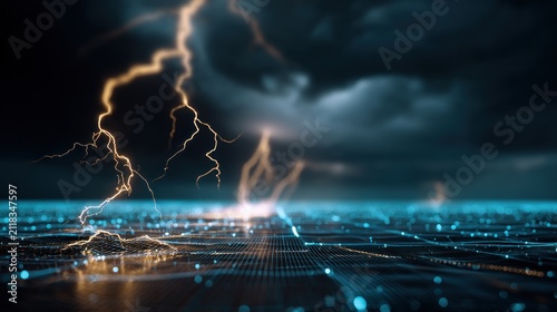 Lightning strikes over digital landscape