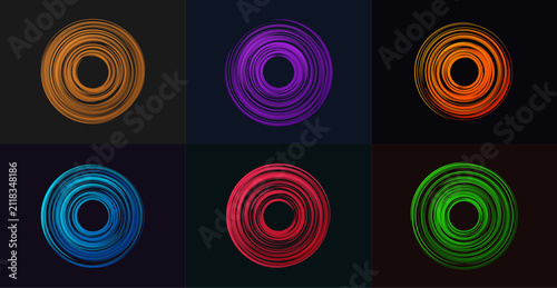 Abstract glowing circle frames set, neon light swirl rings collection, futuristic circular motion blur elements for technology and music design