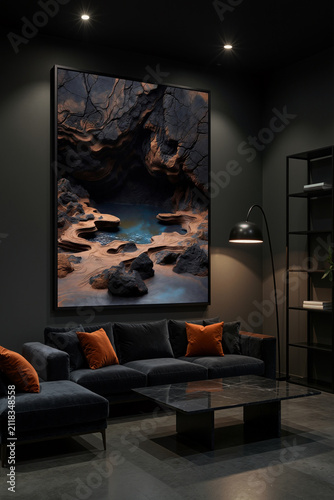 Art piece features a cave with water on the wall of a modern living room with simple furniture and warm lighting