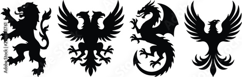 Set of four heraldic black silhouettes including a lion, eagle, dragon and phoenix