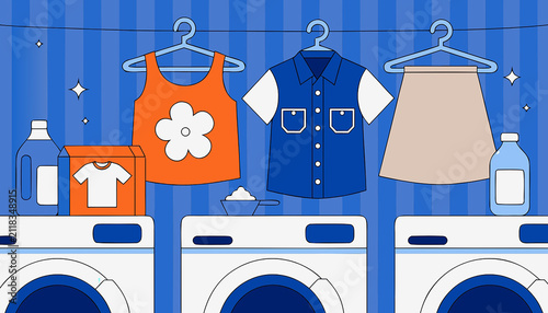 Laundry Service with Washing Machine and Hanging Clothes Flat Vector Illustration
