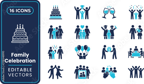 Collection of flat vector icons representing life milestones, happy family gatherings, and festive social events