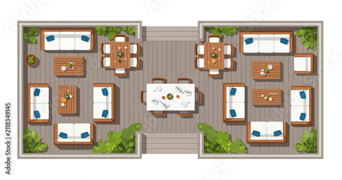 Top view of a suburban wooden restaurant deck featuring organized lounge seating areas with couches tables and greenery plants for relaxed social gatherings in an open air environment during day