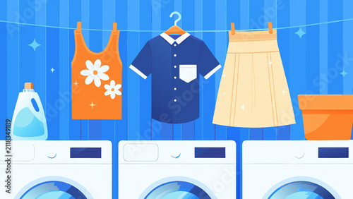 Laundry Service with Washing Machine and Hanging Clothes Flat Vector Illustration
