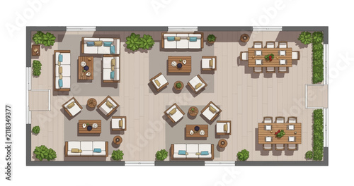 Architectural flat floor plan showing furniture layout of outdoor patio lounge area with multiple living groups and dining spaces arranged for social gatherings and entertainment in exterior