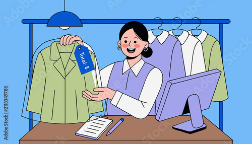 Clothing Store Sales Assistant Tagging Shirts in Fashion Retail Flat Vector Illustration