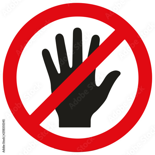Fotografie Prohibition sign with crossed hands over speech bubble, red circle, white backgr
