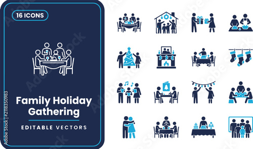 Collection of Festive Family Celebration Icons Representing Traditional Holiday Gatherings and Seasonal Traditions