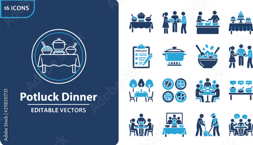 Potluck Dinner Vector Icons Set Showing Community Food Sharing and Group Gatherings