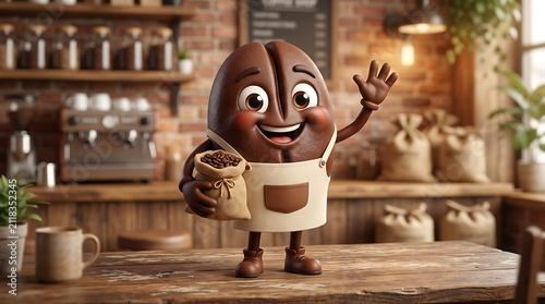 Cheerful Coffee Bean Character with Apron Waving Hello in Cozy Cafe Interior, Holding Sack of Beans