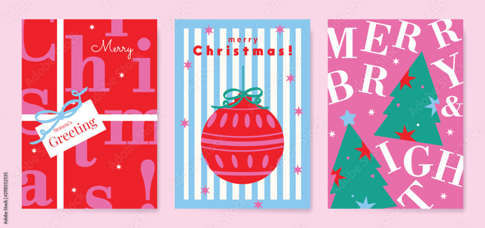 Obraz premium Christmas and Happy holiday greeting card vector set. Elegant hand drawn wallpaper with pine leaves, pinecone, wreath. Holidays design illustration for cover, print, poster, Happy New Year, ads.