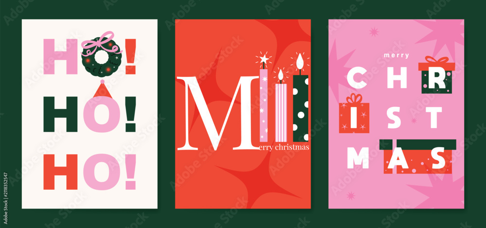 Obraz premium Christmas and Happy holiday greeting card vector set. Elegant hand drawn wallpaper with pine leaves, pinecone, wreath. Holidays design illustration for cover, print, poster, Happy New Year, ads.
