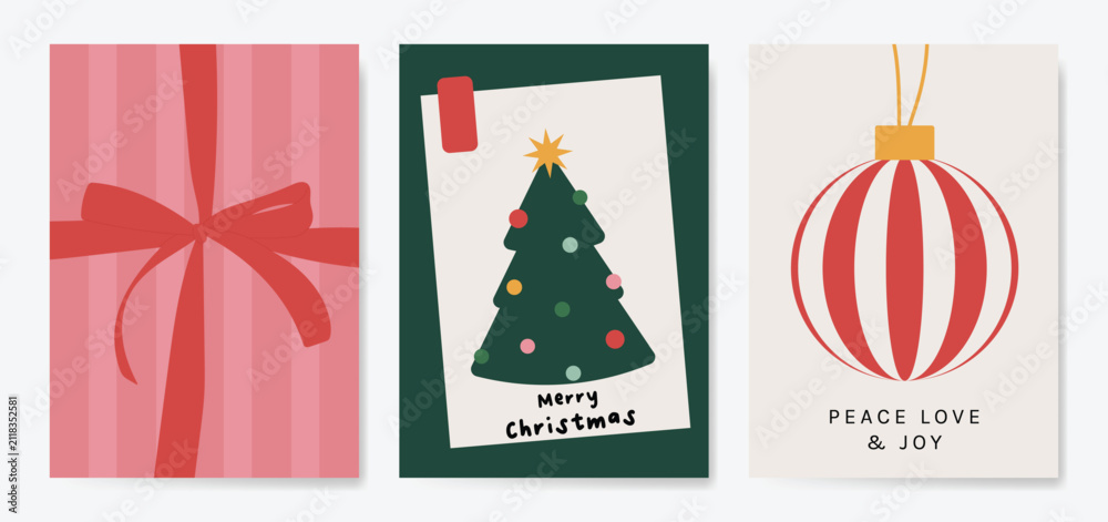 Obraz premium Christmas and Happy holiday greeting card vector set. Elegant hand drawn wallpaper with pine leaves, pinecone, wreath. Holidays design illustration for cover, print, poster, Happy New Year, ads.