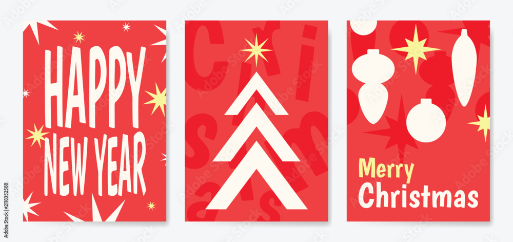 Obraz premium Christmas and Happy holiday greeting card vector set. Elegant hand drawn wallpaper with pine leaves, pinecone, wreath. Holidays design illustration for cover, print, poster, Happy New Year, ads.