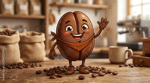 Cute Coffee Bean Character Waving Hello in Cozy Cafe Setting with Sacks of Beans and Espresso Machine