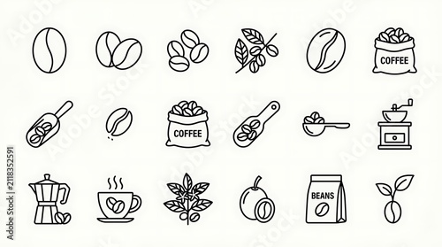 Coffee Bean Icons and Illustrations, Espresso Machine, Cup, and Grinder for Cafe Menu Design and Beverage Concepts
