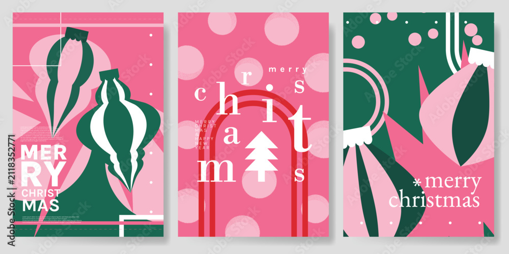 Obraz premium Christmas and Happy holiday greeting card vector set. Elegant hand drawn wallpaper with pine leaves, pinecone, wreath. Holidays design illustration for cover, print, poster, Happy New Year, ads.