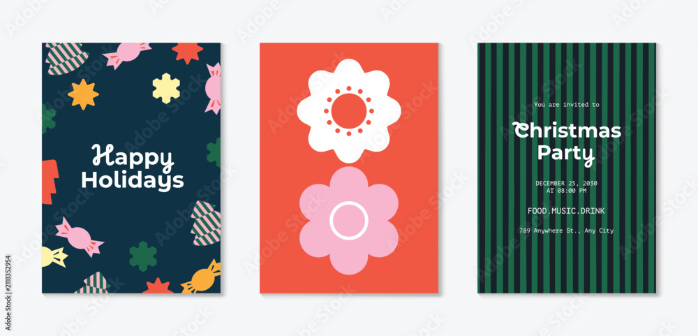 Obraz premium Christmas and Happy holiday greeting card vector set. Elegant hand drawn wallpaper with pine leaves, pinecone, wreath. Holidays design illustration for cover, print, poster, Happy New Year, ads.