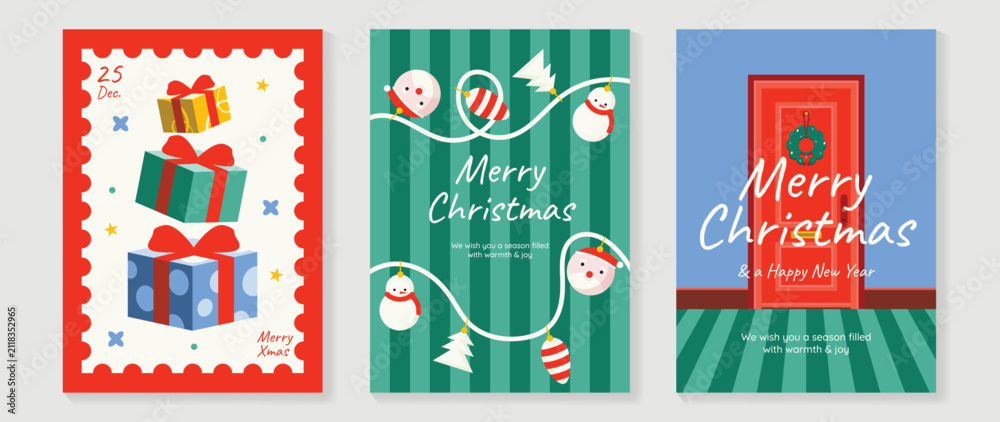 Obraz premium Christmas and Happy holiday greeting card vector set. Elegant hand drawn wallpaper with pine leaves, pinecone, wreath. Holidays design illustration for cover, print, poster, Happy New Year, ads.