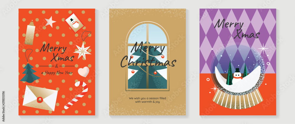 Obraz premium Christmas and Happy holiday greeting card vector set. Elegant hand drawn wallpaper with pine leaves, pinecone, wreath. Holidays design illustration for cover, print, poster, Happy New Year, ads.