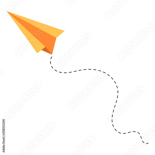 Orange paper plane flying along dashed line path for business startup launch travel message and creative concept