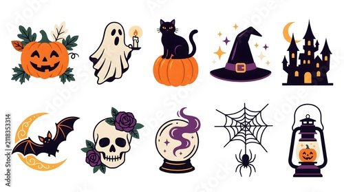 Set of cute watercolor halloween stickers featuring ghosts pumpkins black cats bats and spooky holiday elements