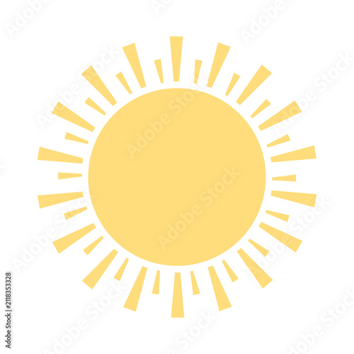 Bright and cheerful yellow sun icon with radiating rays, symbolizing warmth, summer, and sunny weather. A vibrant graphic design element perfect for various creative projects