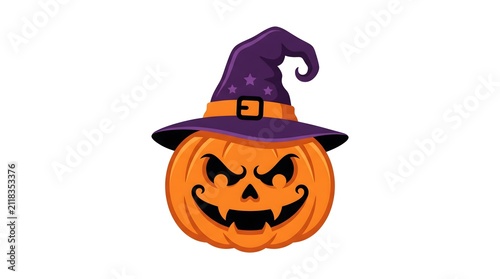 A spooky halloween pumpkin jack o lantern wearing a purple witch hat on a white background