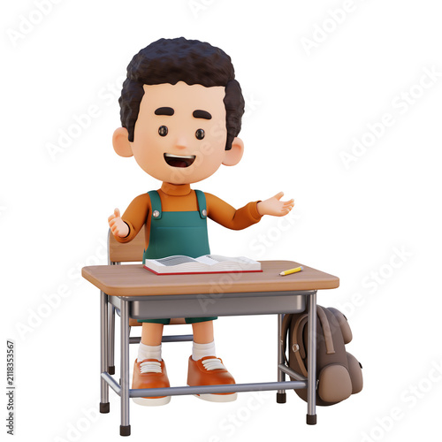 3D Child Boy Standing and Presenting in Classroom