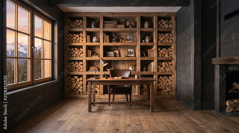 Obraz premium Alpine chalet study with firewood shelves and mountain window view