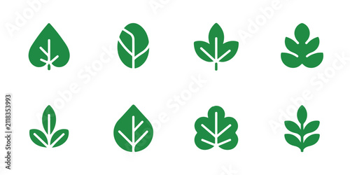 Green geometric leaf icons set for eco friendly brand identity and natural environment logo template.