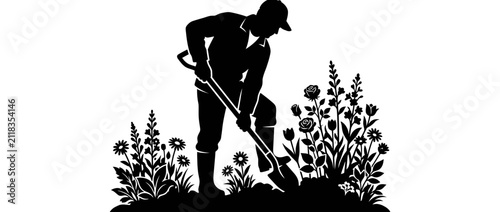 Bild auf Leinwand Gardener Silhouette Digging in Flower Bed
