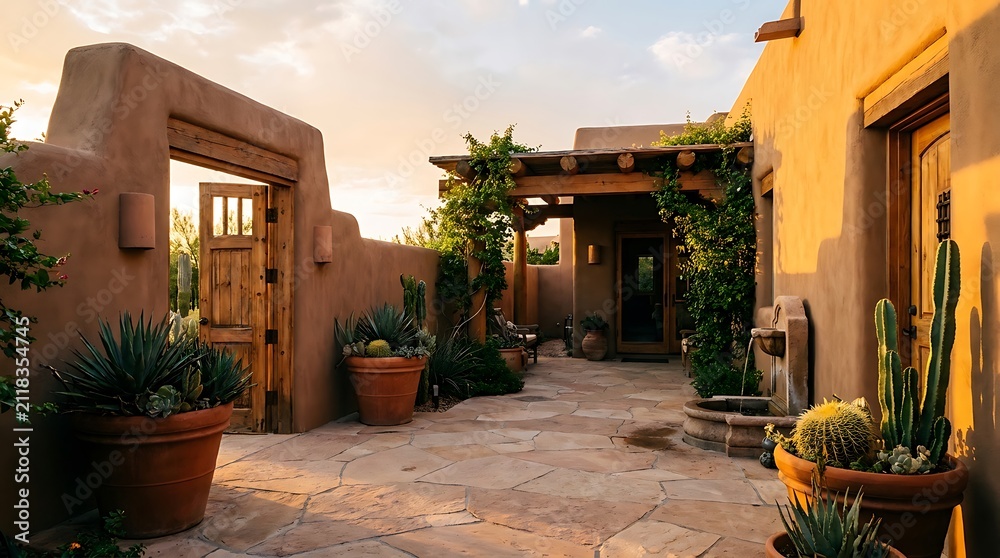 Fototapeta premium Beautiful southwestern style house patio with adobe walls and cactus plants at sunset time featuring a wooden door and stone ground in a quiet desert home garden setting. southwestern adobe home